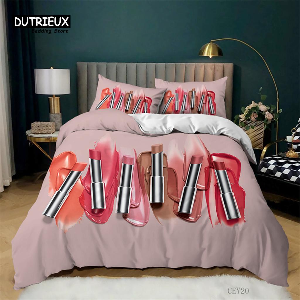 Fashion Sleep Bedding Collection Makeup Cosmetic Theme Bedspread Cover Polyester Perfume Lipstick Nail Polish Brush Print Pattern Quilt Cover King