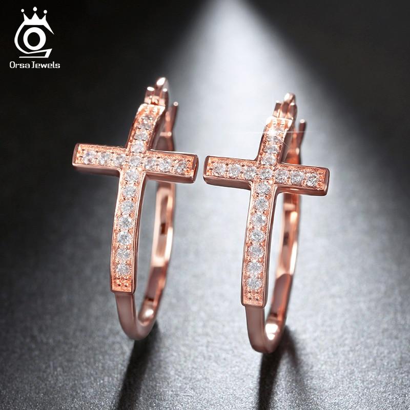 Orsa Jewels Silver Color Hoop Earrings For Women Large Cross Loop Paved Shiny Austrian Crystal Fashion Jewelry Earring Oe142