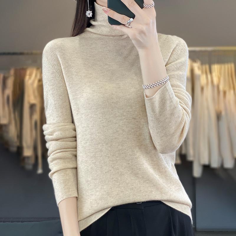 Women's Seamless Ribbed High-Neck Wool Base Layer: Long-Sleeve, Thin, Versatile Knit Top for Spring