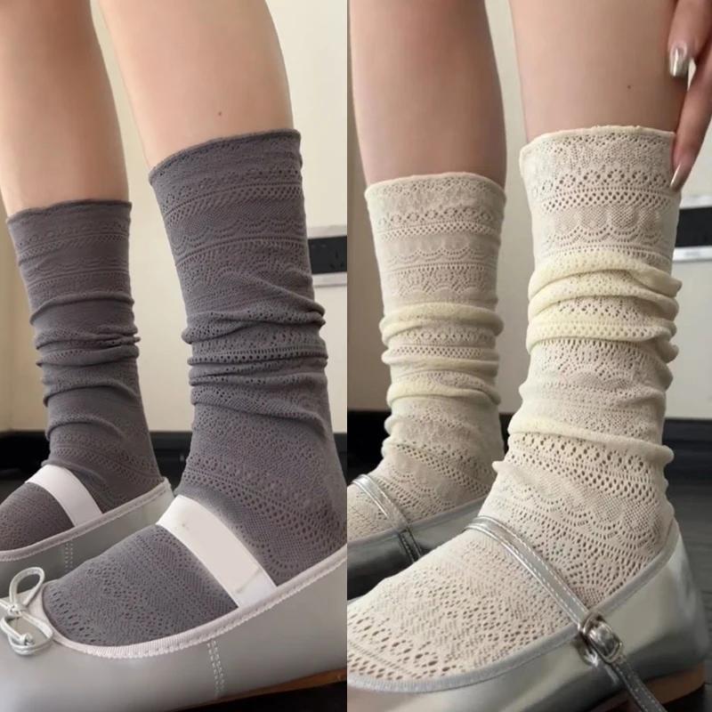 1/2pairs Lolita Sweet Pile Socks for Women Girls Mesh Hollowed Out Thin Nylon Silk Retro Flower Lace Socks Ladies Crew Socks