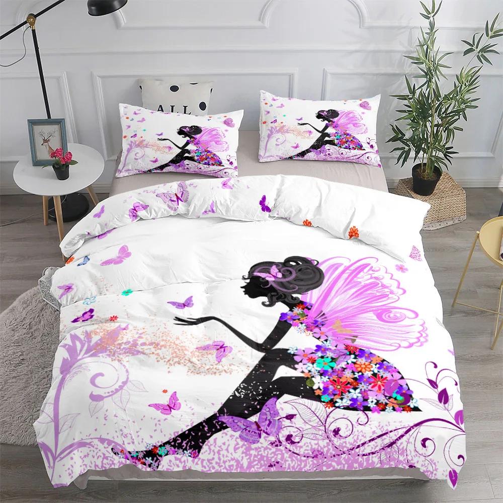 3pcs Neon Butterfly Girl Duvet Cover Set EU Single Double King US Twin Full Queen Size  Bed Linen Set Washed Cotton Duvet Cover