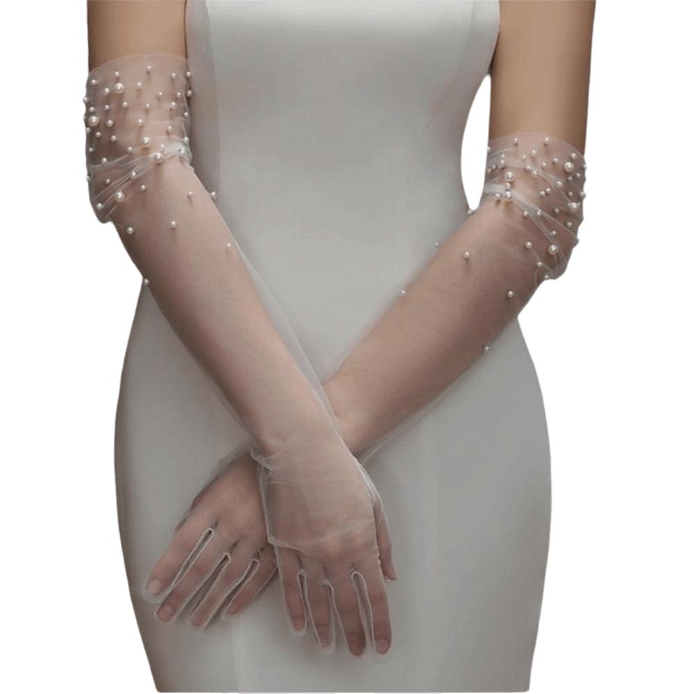 Long Wedding Gloves Tulle Pearl Gloves Vintage Women’s Bridal Gloves  Dinner Party