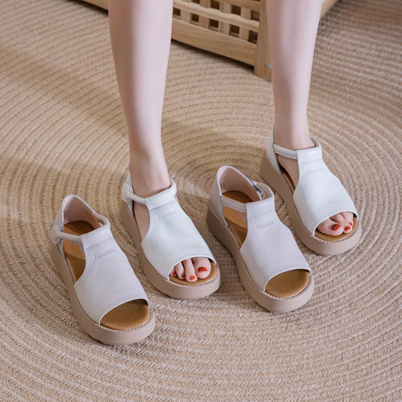 Fashion GKTINOO Summer Wedges Platform Sandals Fashion Genuine Leather Shoes Ladies Casual Peep Toe Soft Comfortable Sandalias De Mujer