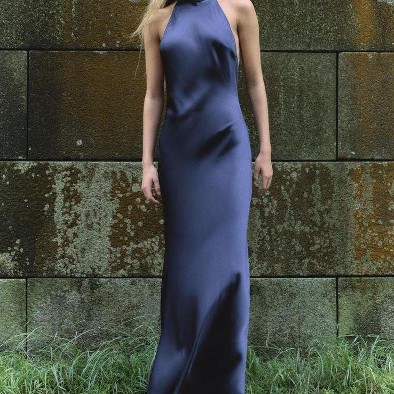 Fall and Winter New Women's Clothing French Elegance Evening Dress Hanging Collar Silk Satin Texture Length Dress 8739331