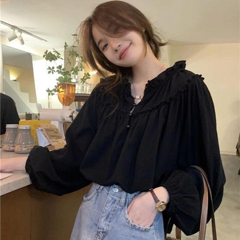 French Style Retro Puff Sleeve Blouse Women Korean Fashion Spliced Ruffles Chiffon Shirt Ladies Elegant Chic Design Shirts