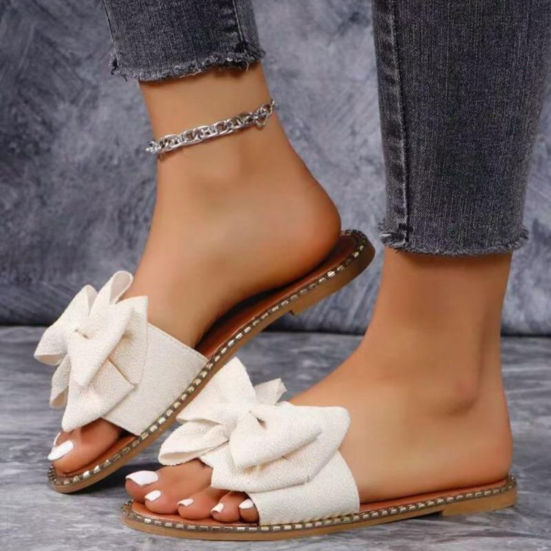 Fashion Shoes Female 2025 New Open Toe Women's Slippers Fashion Outdoor Daily Summer Butterfly-knot Plus Size Solid Light Flat Slippers
