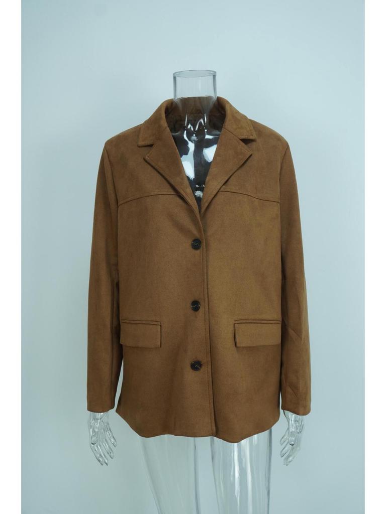 Vintage Brown Loose Fit Women's Long Sleeve Blazer with Pockets