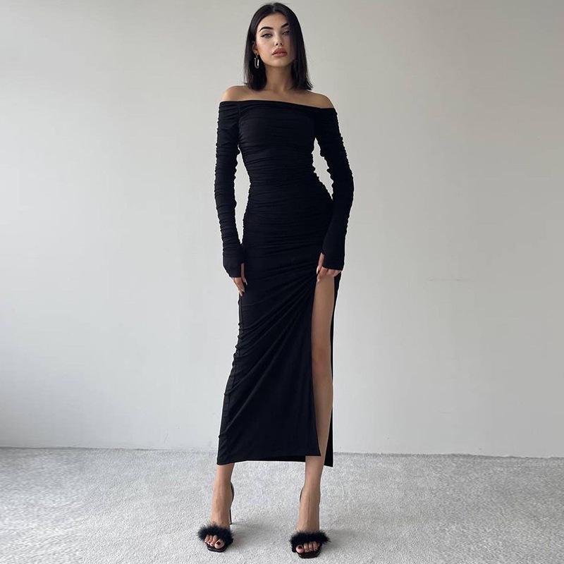Europäischer & Amerikanischer Stil Sexy Einfarbig Enganliegend Langärmlig Winterkleid für Damen