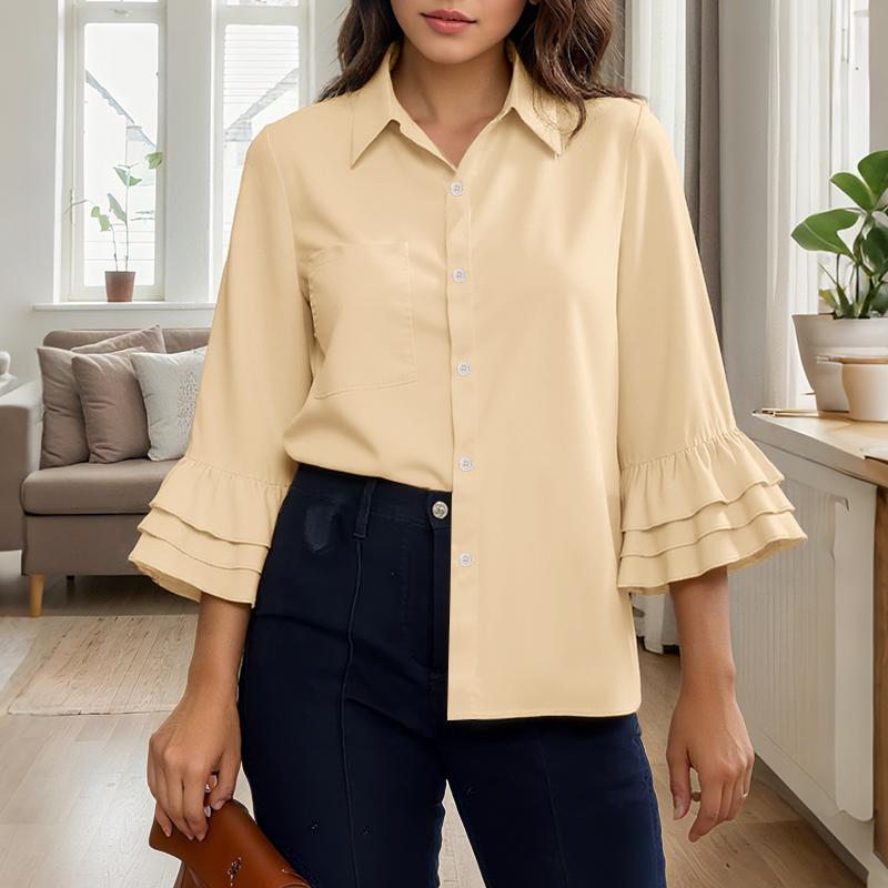 ZANZEA Women Casual Turn Down Collar Solid Color 3/4 Sleeve Loose Blouse