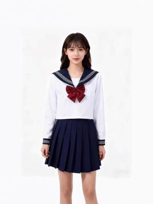 Conjunto de Uniforme JK de Marinheiro de Três Peças Azul Marinho e Branco do Fabricante - Manga Longa, Saia Midi Plissada.