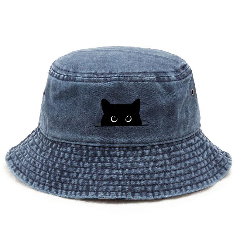 

Customize Cat Design Cotton Washed Bucket Hat Vintage Fishing Hat for Animal Lovers Sun Protection Outdoor Streetwear Travel Cap синий