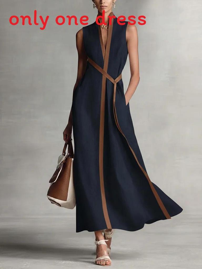 Spring 2026 Polyester Spliced Sleeveless Dress With Deep V Neck For Casual Wear