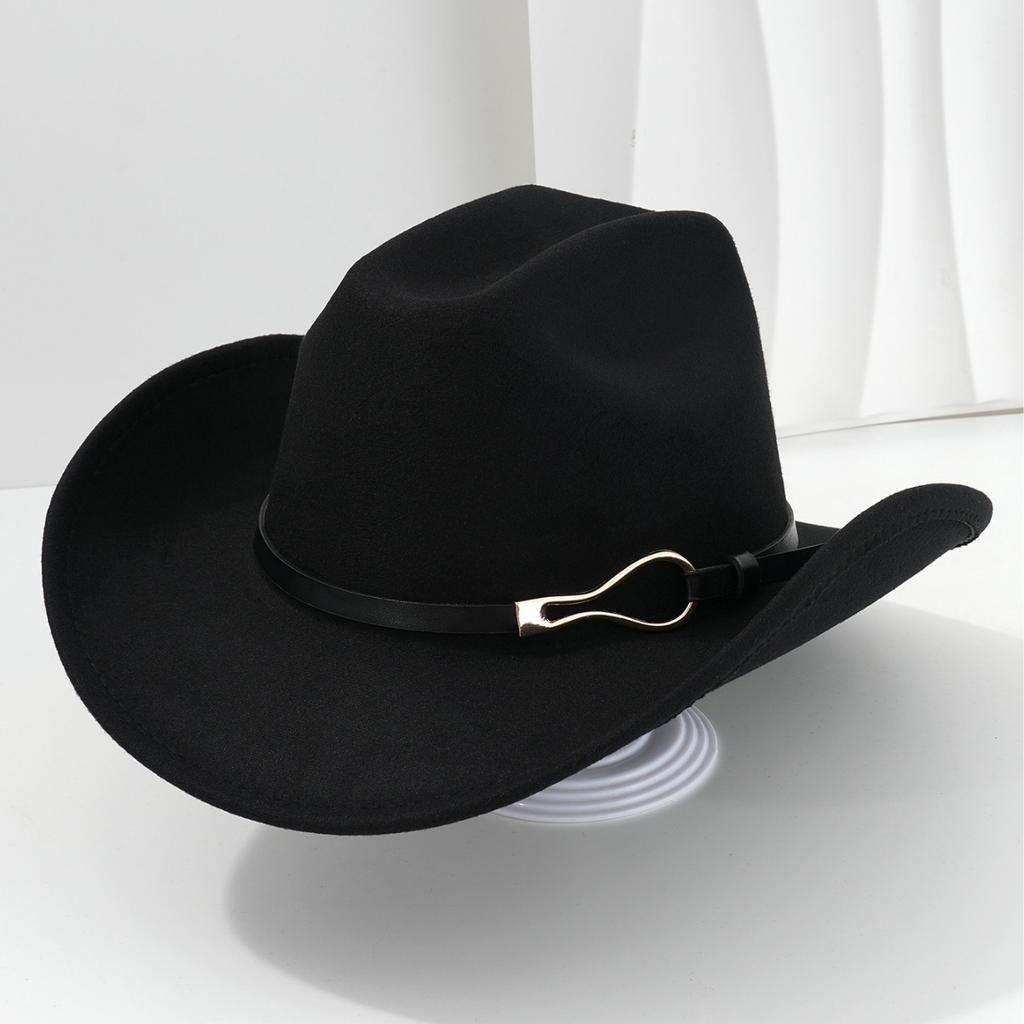 Vintage Black Cowgirl Hats with Personalized Metal Buckle Leather Belt Women Men Wide Brim Jazz Caps Western Fedora Hat