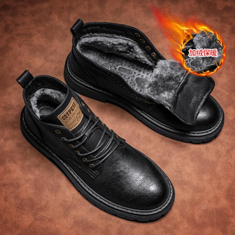 Fashion Brand Autumn Winter Shoes Men Leather Boots Thick Sole Non-slip Warm Plush Cold Winter Cow Leather Male Ankle Botas Black