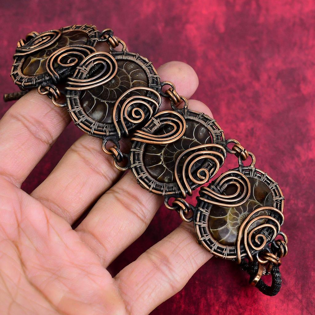 Ammonite fossil bracelet copper wire wrapped bracelet adjustable chain handmade bracelet copper jewelry engagement gifts gemstone bracelet