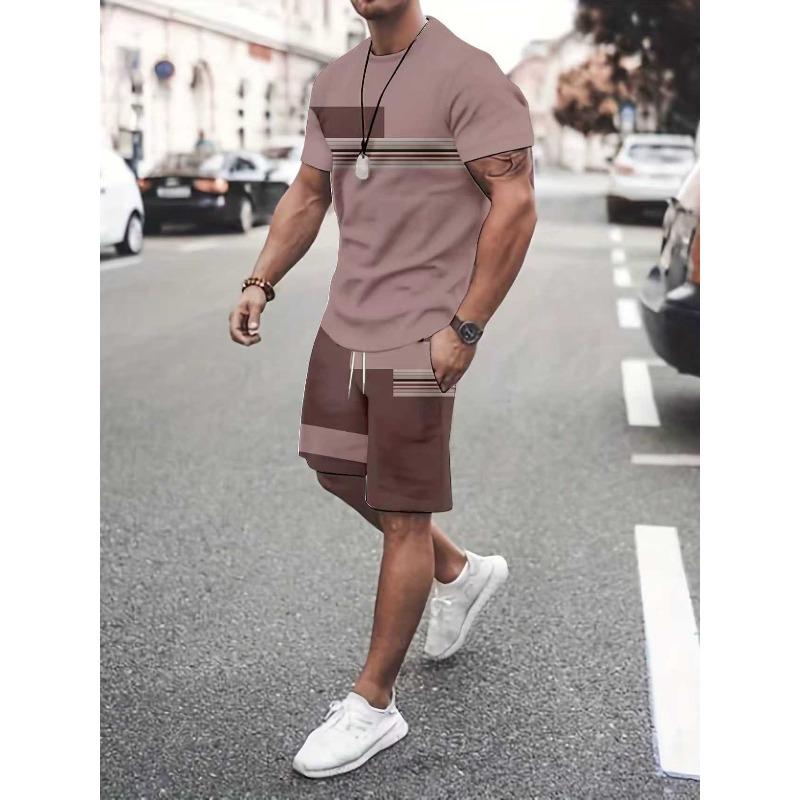 Summer  Arrival Men's Casual Two-Piece Set Striped Print Short-Sleeve Shirt and Athletic Shorts Set