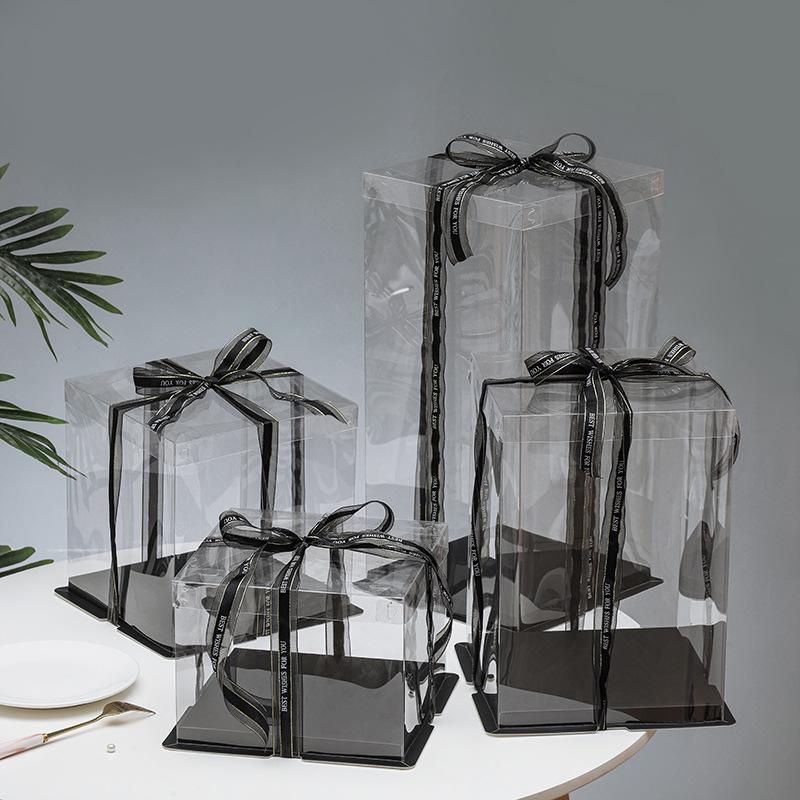 Exquisite Transparent Square Cake Box with Heightened Lid for Birthdays & Gifts - Fluid Bear Design