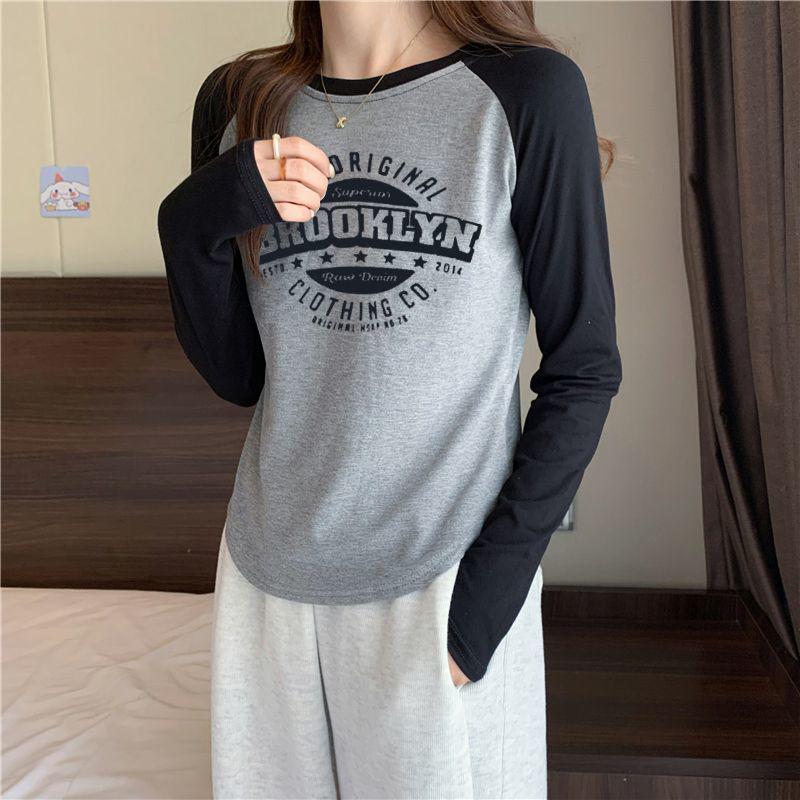 Women's Color Block Raglan Long Sleeve T-Shirt - 2024 Spring/Autumn Slim Fit Spliced Base Top