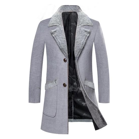 Men Business Jacket Medium Length Single-breasted Solid Color Plush Collar Autumn Winter Woolen Coat Windbreaker Streetwear