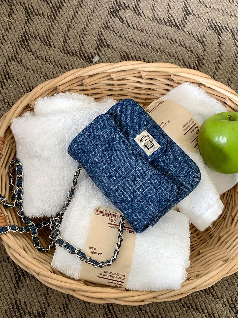 Mini Flip Lock Chain Rhombus Bag Women's Shoulder Crossbody Bag Premium Embroidery Thread Denim Bag Women