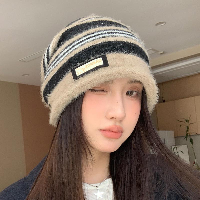 Autumn and Winter Hat Women's Striped Knitted Hat Warm Windproof Cold Hat