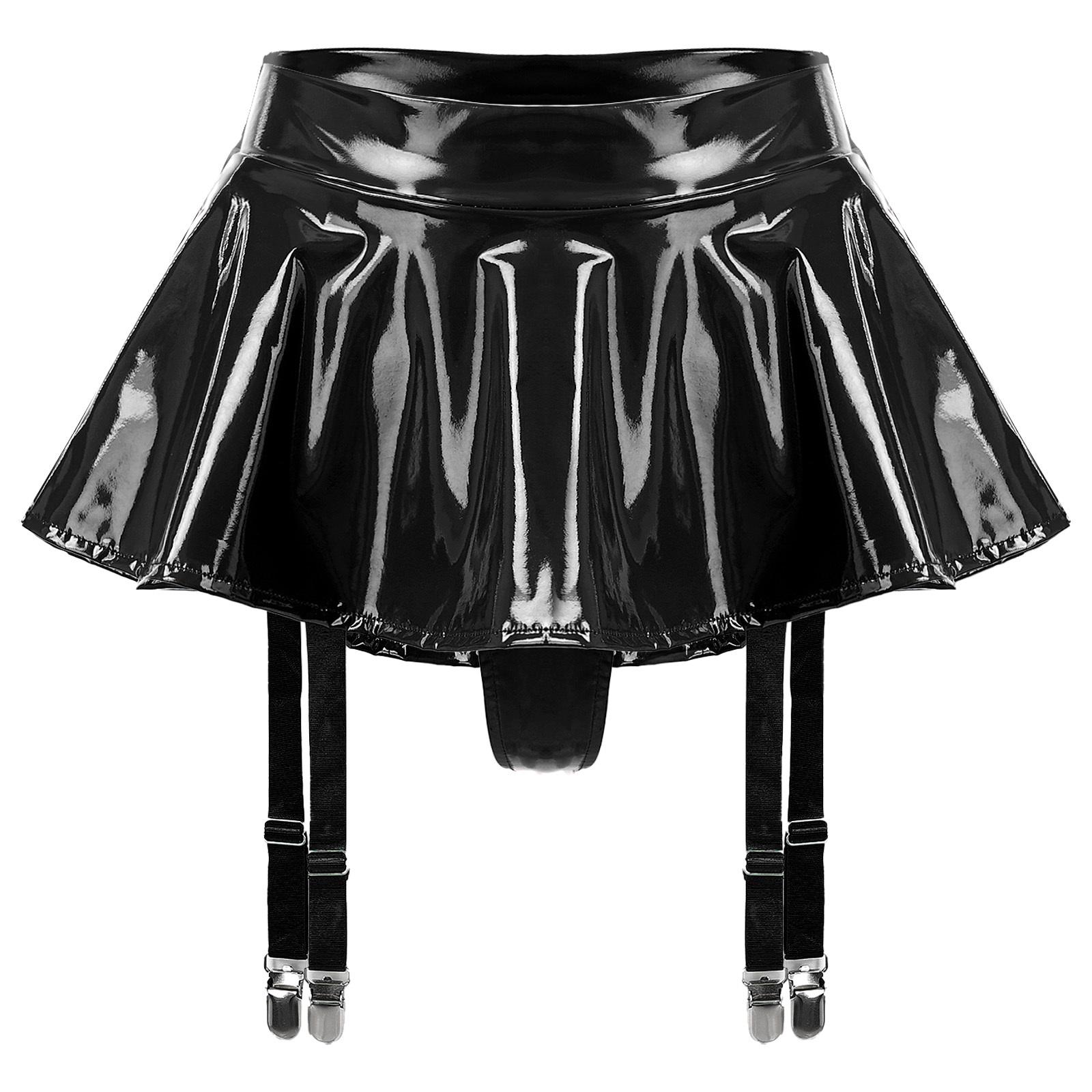 

Жіноча спідниця з лакованої шкіри з рюшами, вбудовані стрінги, затискачі для підв язок, міні-клубний одяг M чорний