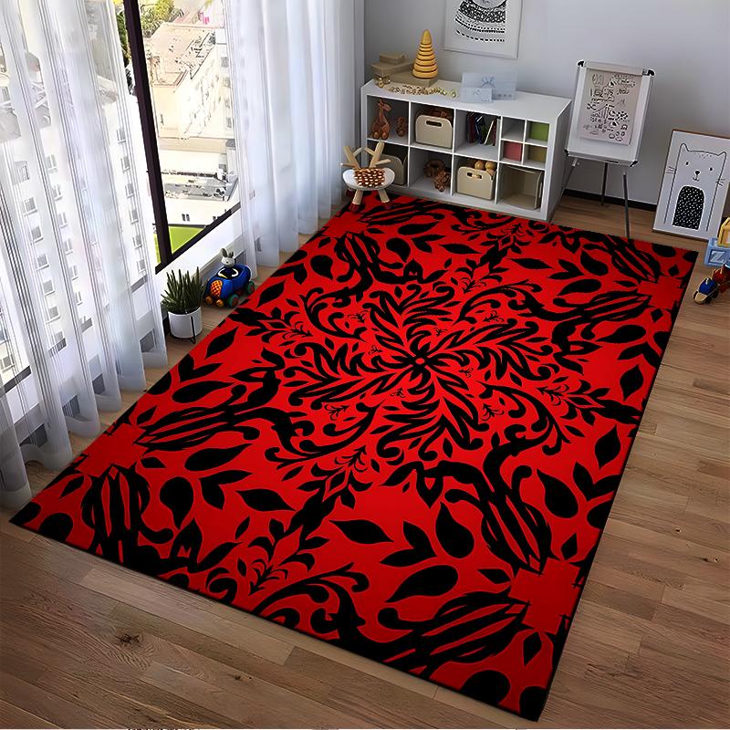 Red and Black Floral Pattern Area Rug, Modern Decorative Carpet Design Suitable for Use As an Anti-slip for Living Room Bedroom Sofas