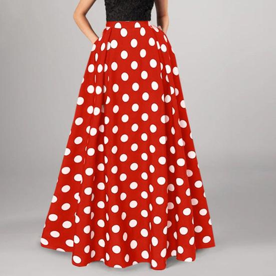 Women Maxi Skirt High Waist Color Matching Dot Print Retro A-line Big Hem Side Pockets Loose Full Length Soft Elastic Waist Lady Prom Party Long Skirt