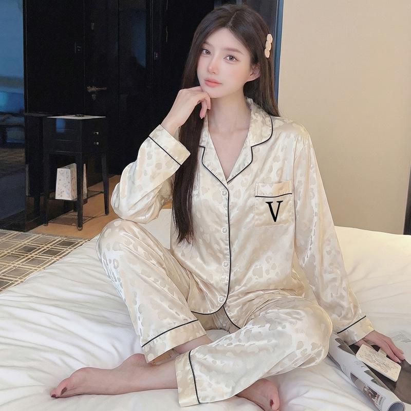 French Floral Ice Silk Long-Sleeve Ruffle Pajamas for Women - Spring & Autumn