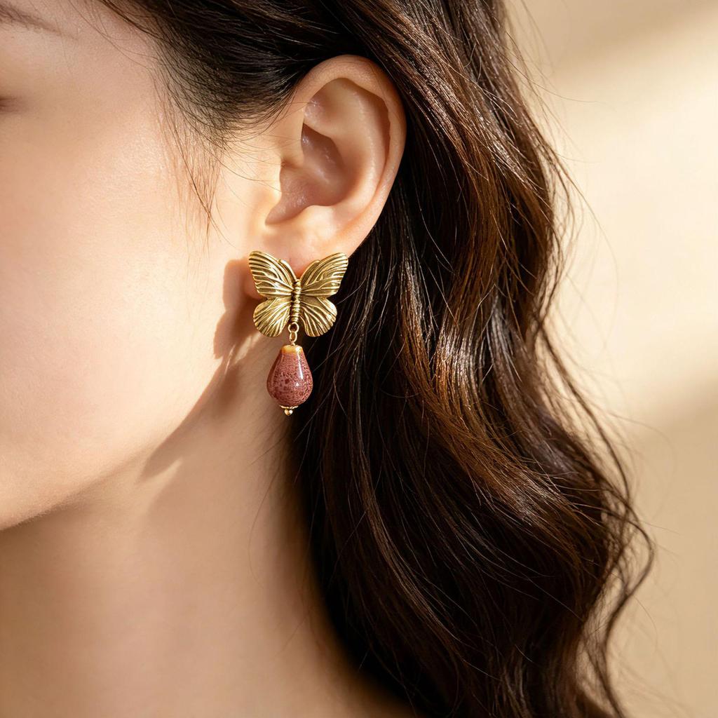 Vintage Retro Distressed Butterfly Stud Earrings - Chinese Style Stone Pendant Jewelry