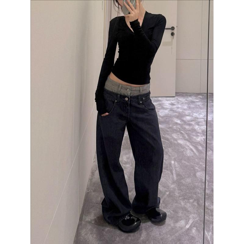 

Sense of Design Splicing Waist Straight Jeans Women s Autumn New Denim Primary Color Casual Pants L
