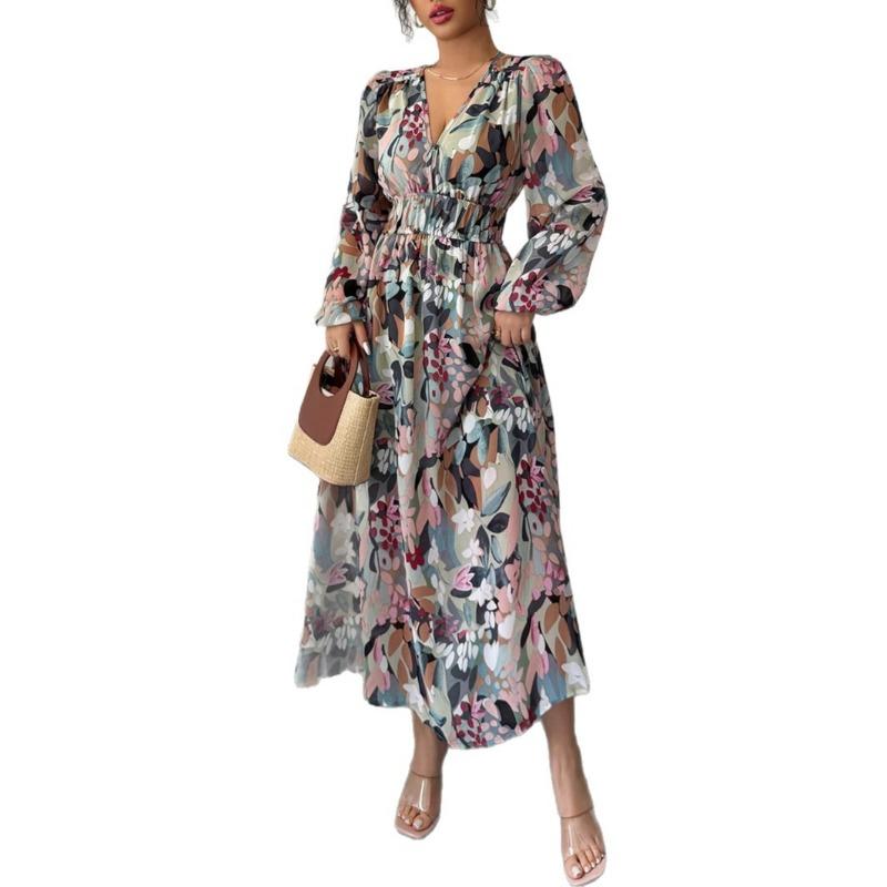 Elegantes und stilvolles bedrucktes V-Ausschnitt Korsettkleid für Damenfrühling und -sommer