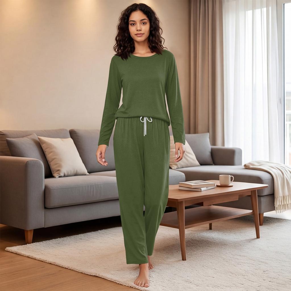 Women's Stylish Loose Fit Pajama Set with Round Neck and Pants, Color Casual Sleepwear