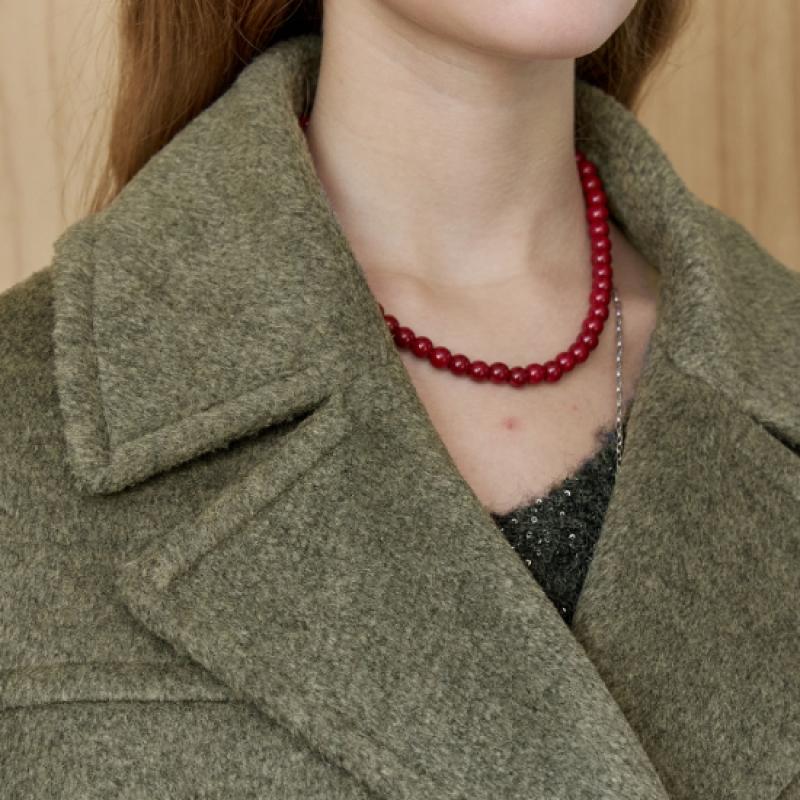 Maxza Wide Collar Bijo Decoration Double Half Coat Khaki 