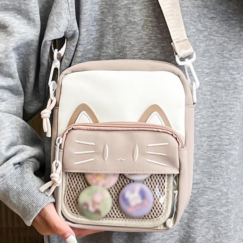Roztomilá vyšívaná crossbody kabelka pro kočky ve stylu Harajuku Trendy průhledná taška Badge Taška na telefon