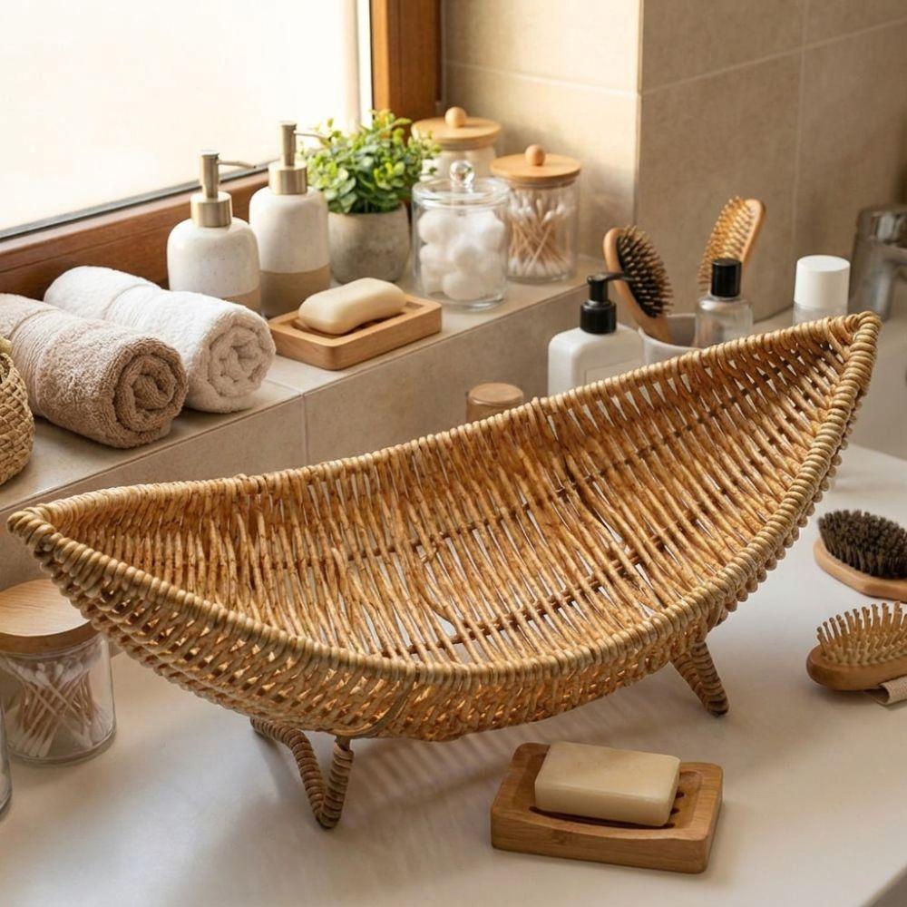 Large Capacity Plastic Hand-Woven Basket Hollow Drain Camping Tray Desktop Organizer  Picnic Use