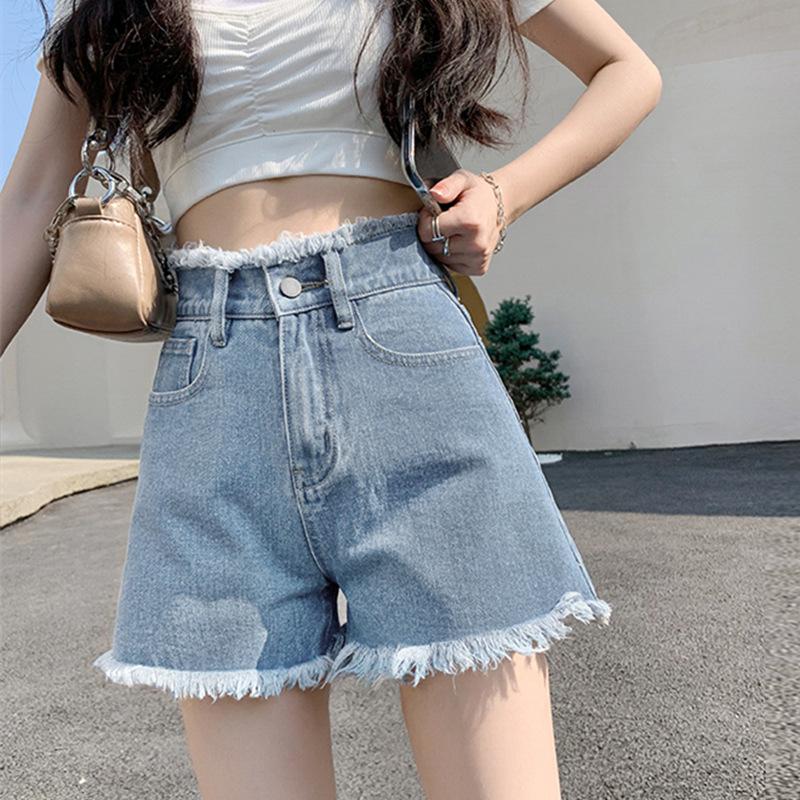 Women's High Waist Denim Shorts - Casual, Versatile, Slimming, Frayed A-line, Trendy Summer Wide Leg Hot Pants