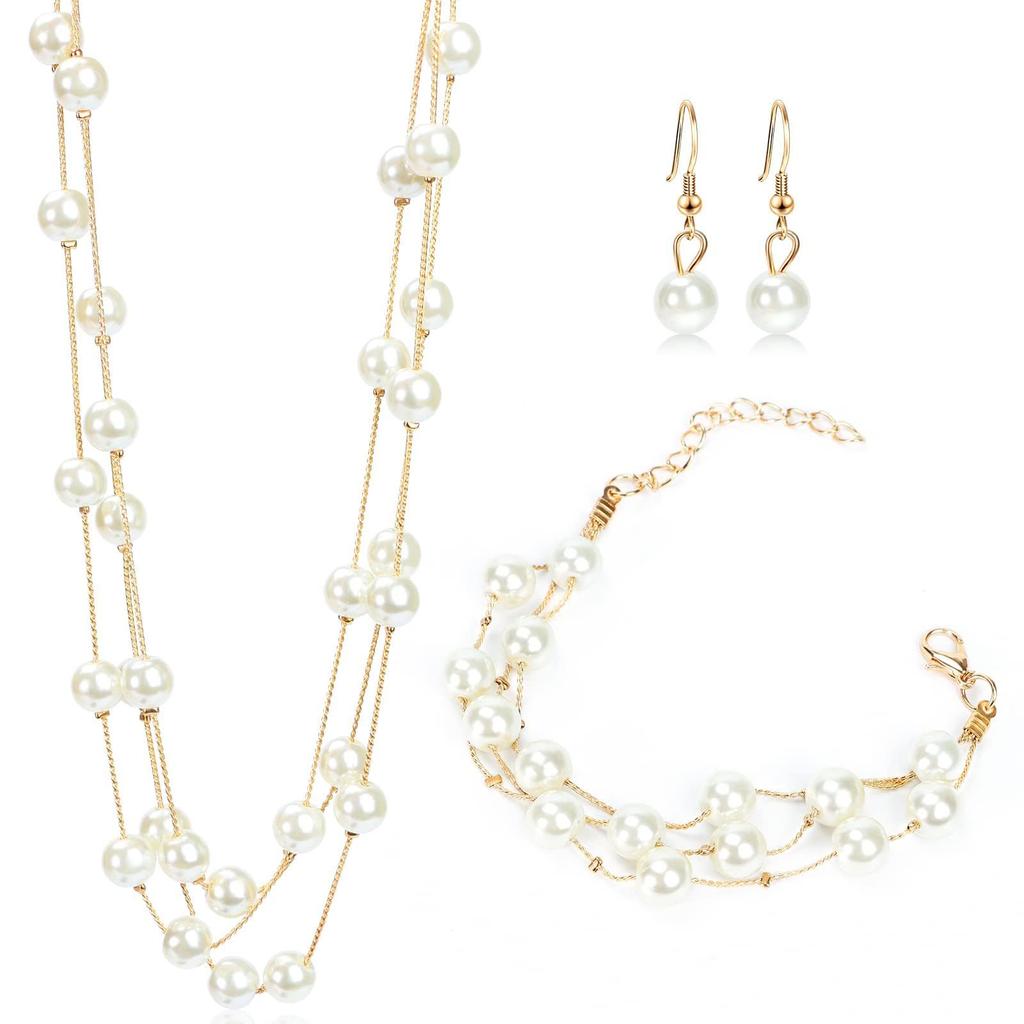 Creative Sparkly Pearl Necklace and Earrings Set , High - Grade Banquet Jewelry 4 - Piece Set