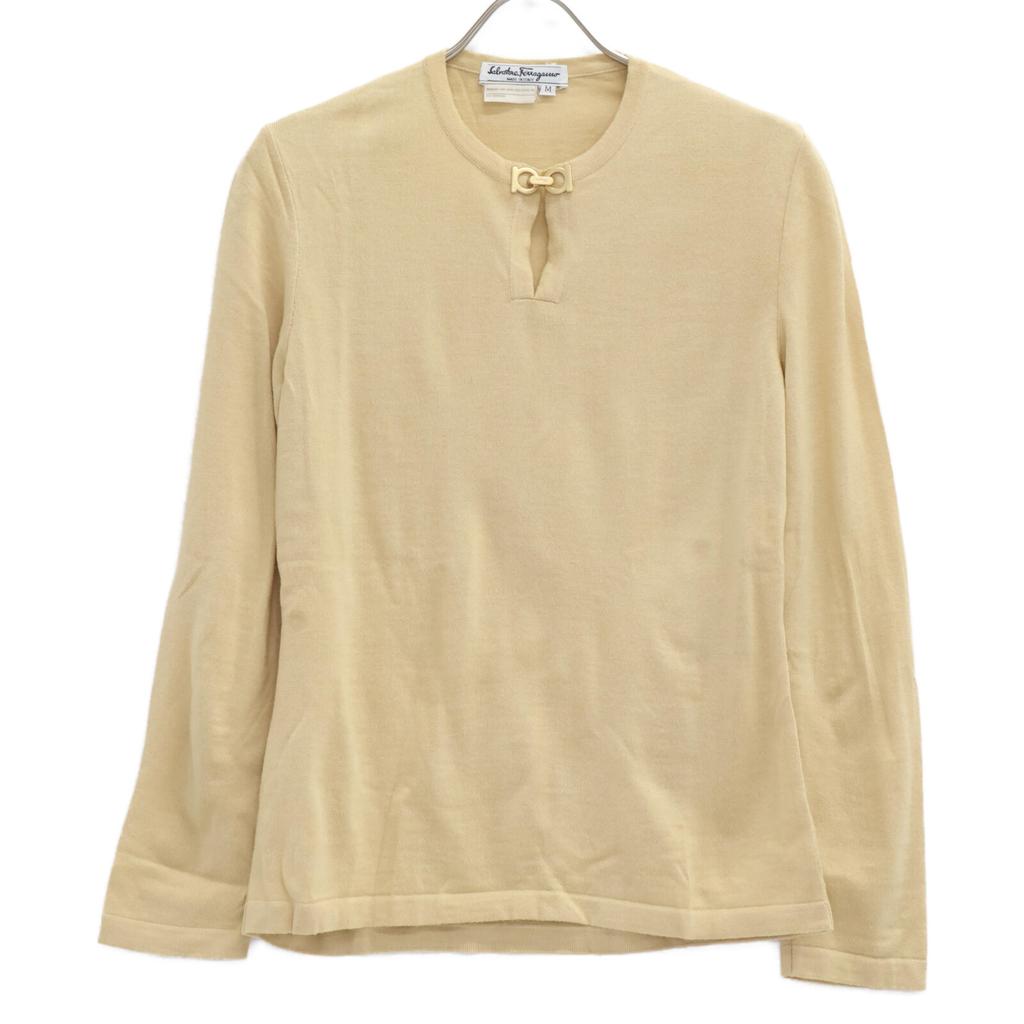 Salvatore Ferragamo Beige Wool Gancini Cool Neck Knit Tops M beigeUsed