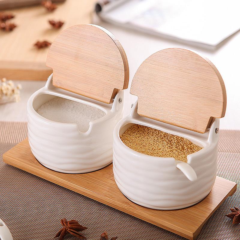 Kitchen Supplies Ceramic Seasoning Jar Three-Piece Set Creative White Seasoning Box Bamboo Flip-Top Seasoning Bottle Sugar Jar Salt Jar