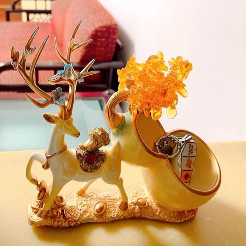 Deer Figurine Storage Ornament, Lucky Wealth Deer Decor for Desk & TV Cabinet
