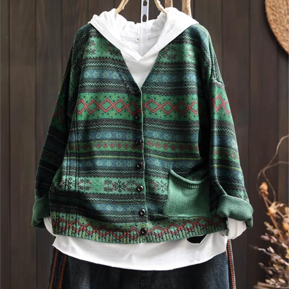 

Johnature Women Vintage Sweaters Striped Print Floral Spring Chinese Style V-Neck Long Sleeve Knitted Sweaters One Size зелёный