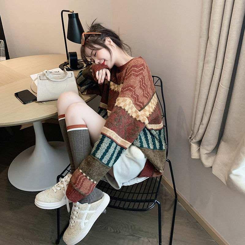 Women Striped Spliced Long Sleeved Sweaters Korean Retro Artistic Loose Knit Tops Autumn Casual Versatile Woman Pullover Sweater