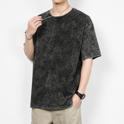 Gewaschenes T-Shirt, Herren Sommer Trend, Herren Reine Baumwolle Freizeit Amerikanisch Rundhals Kleidung, Herren Kurzarm T-Shirt