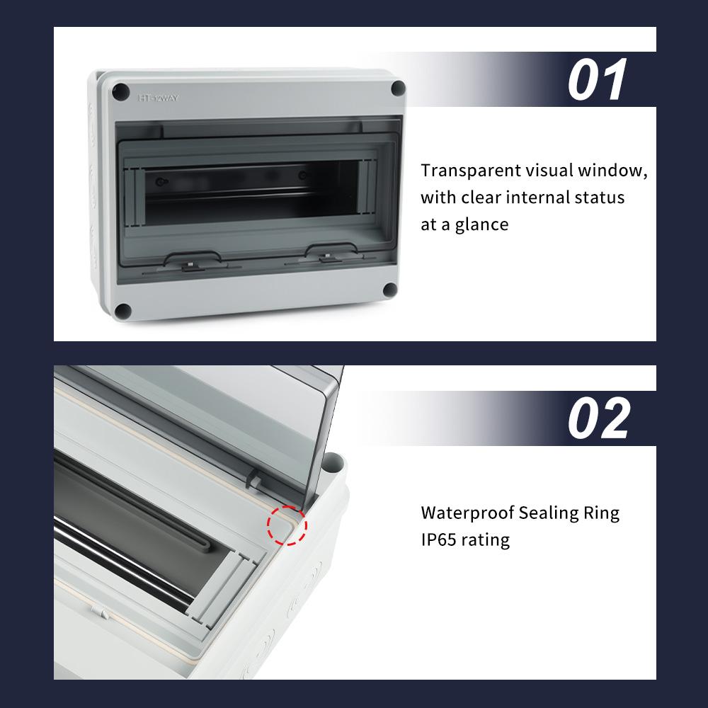 IP65 Waterproof Distribution Box HT-5/8/12/15/18/24 Way ABS Plastic Material Transparent Visual Window Wall-mounted Outdoor Use