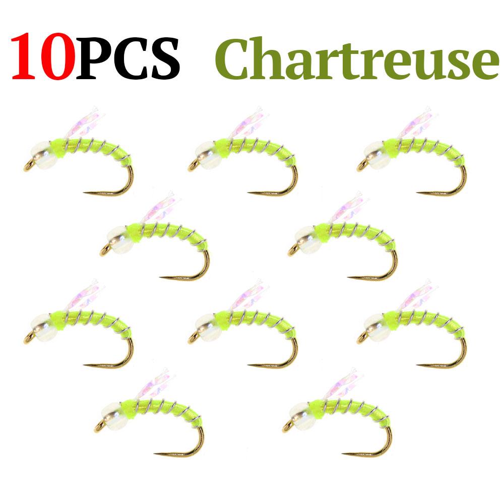 10 PIÈCES Nymphe Standard Midge pour la Pêche à la Mouche, Motif Truite pour Toute l'Année, Hameçon Doré sans Ardillon #16, Leurres d'Eau Douce pour la Pêche à la Mouche