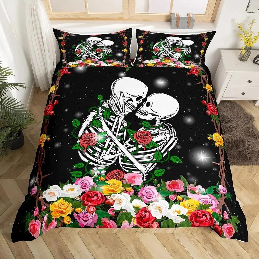 Sugar Skull Lover Duvet Cover King Kissing Couple Skeleton Bedding Set Red Rose Comforter Cover Death And Love Theme Quilt Cover