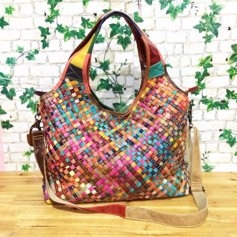 Genuine Leather Cowhide Bag, Colorful Striped Woven Bag, Portable Shoulder Messenger Women'S Bag, Straw Woven Women'S Bag