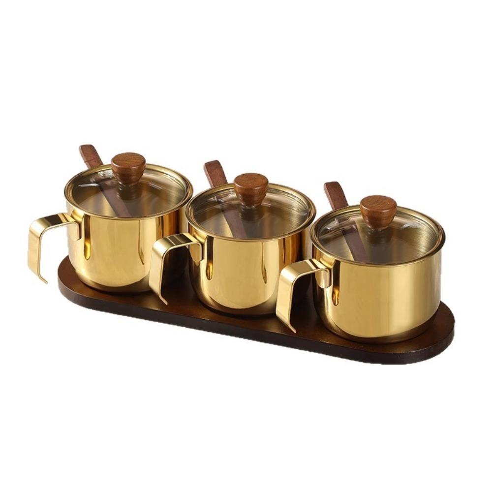 Dust-proof Stainless Steel Seasoning Jar Set With Spoon Tray Salt Storage Container  Sugar