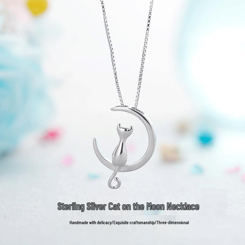Koreanische Süßer Mond Kätzchen Halskette: Niedlicher Katzenanhänger für Damen, Schlichter und einzigartiger Studentenschmuck